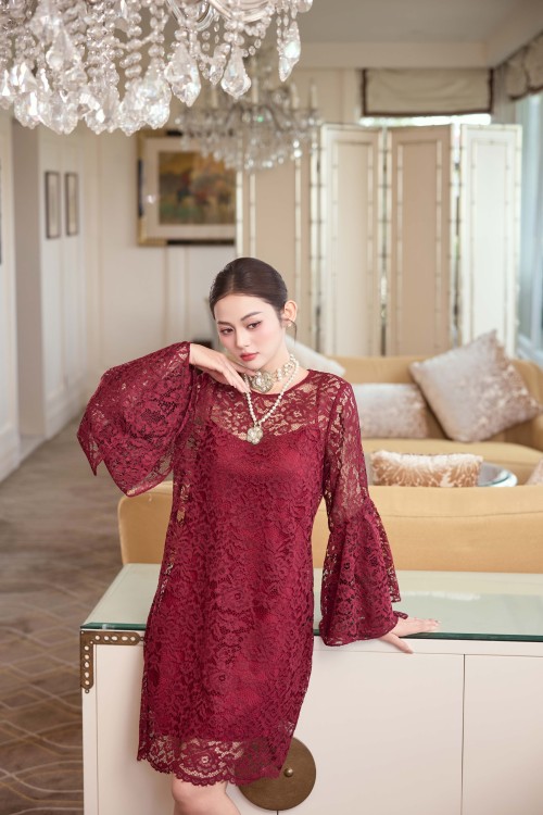 Sixdo Dark Red Lace Loose Dress
